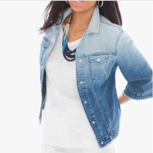 CHICOS Ombre Denim Jacket Cropped 3/4 Sleeve Sz 1 (M/8) #114G - Picture 2 of 13